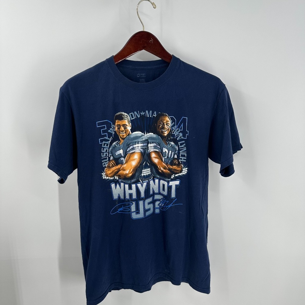 Vtg Seattle Seahawks Why Not Us? Port & Company‎ Mens Graphic Tee Blue Size M